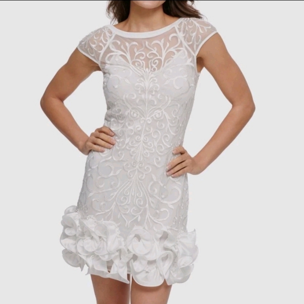 Guess Women's White Floral Lace Ruffled Hem High Neck Sheath Dress‎ Size 0
